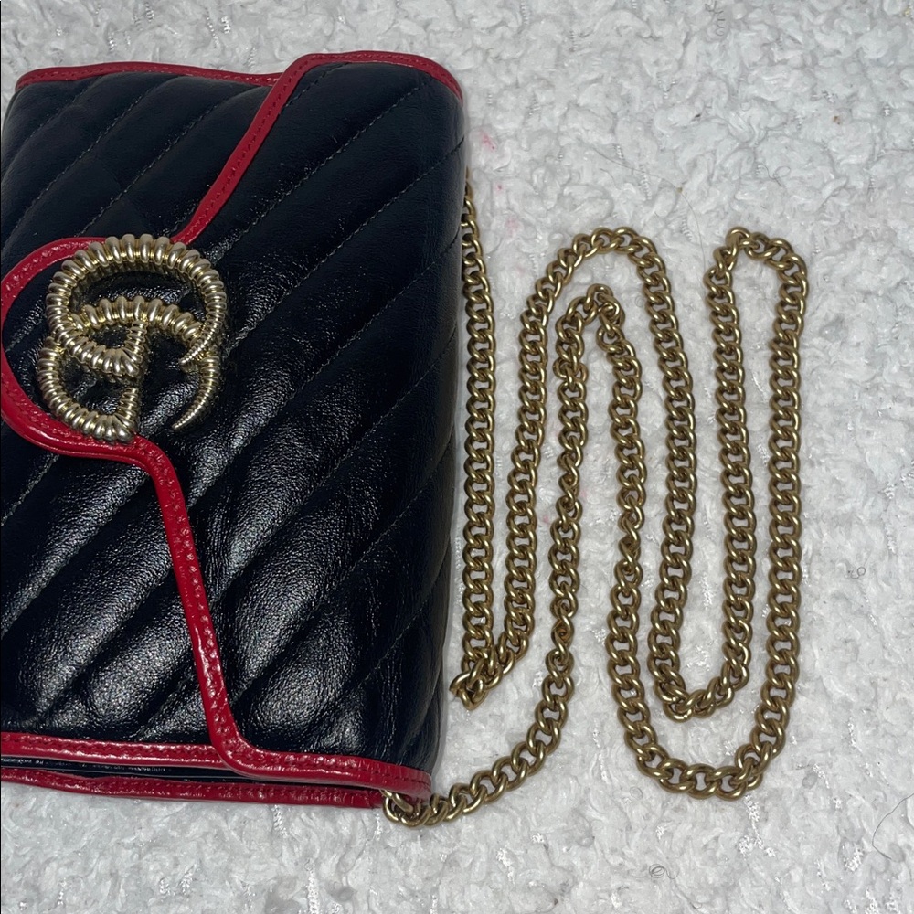Gucci Torchon Marmont Quilted Leather Wallet on Chain WOC Bag Clutch Black/Red - Picture 11 of 17